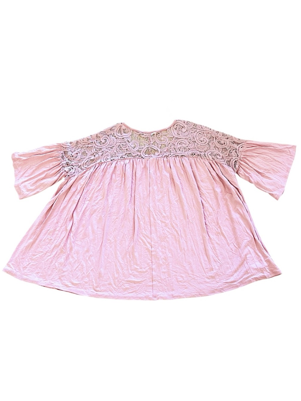 NEW easel Light Pink Lace Shoulder Bodice V Neck Bell Sleeve Comfy Top T-shirt - Picture 4 of 4